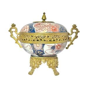 19th C. Antique Imari Doré Japanese Porcelain Gold Gilt Potpourri 5.5” Foo Dogs